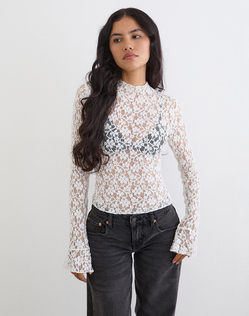 Image of Beerus Long Sleeve Mock Neck Top in Lace Ivory
