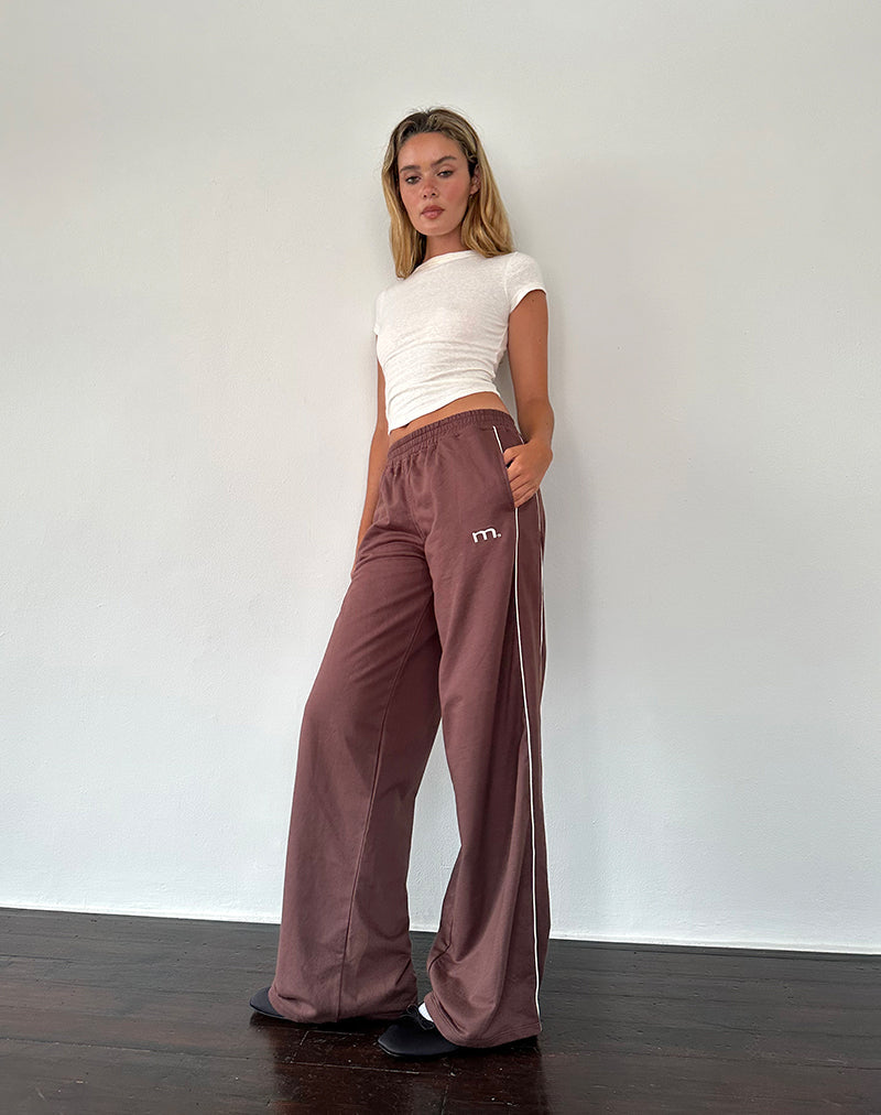 Benton Wide Leg Jogger in Mahogany with Ivory Piping and M Embroidery