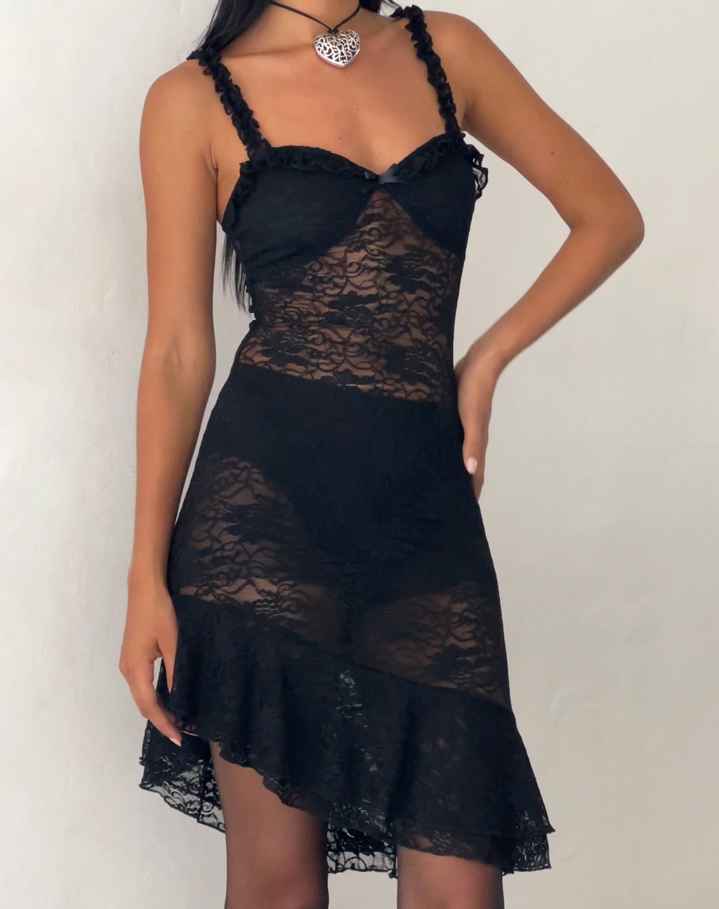 Bernadette Unlined Asymmetric Midi Dress in Black Lace