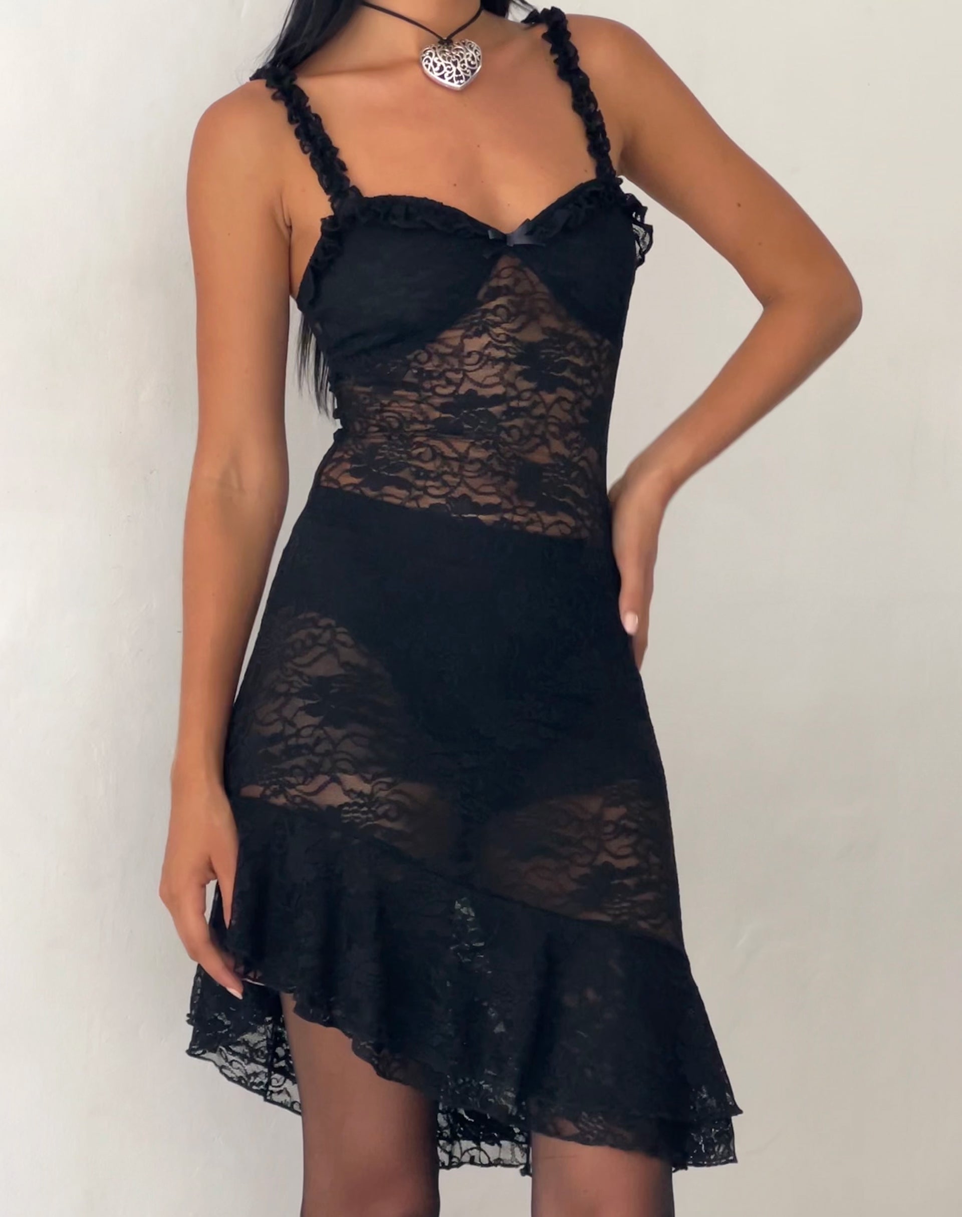 Image of Bernadette Unlined Asymmetric Midi Dress in Black Lace