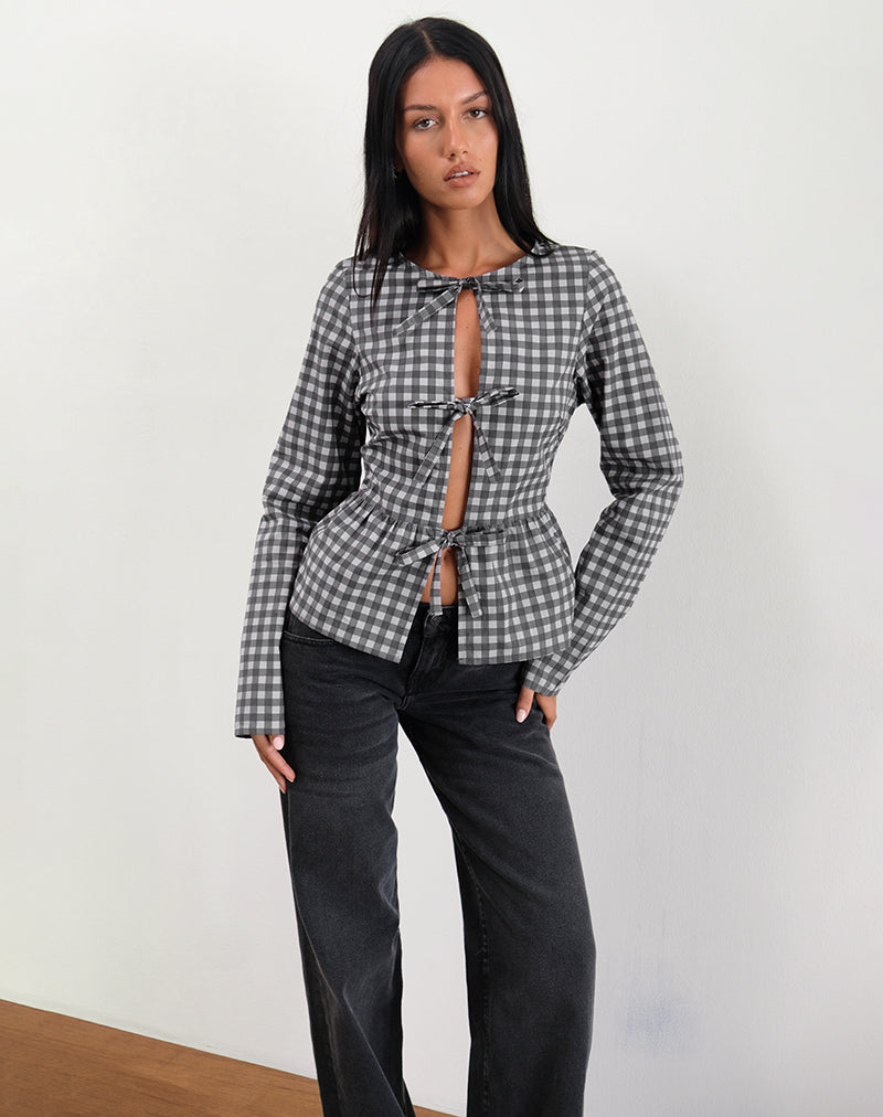 Bertaria Long Sleeve Top in Tonal Gingham Black and Grey