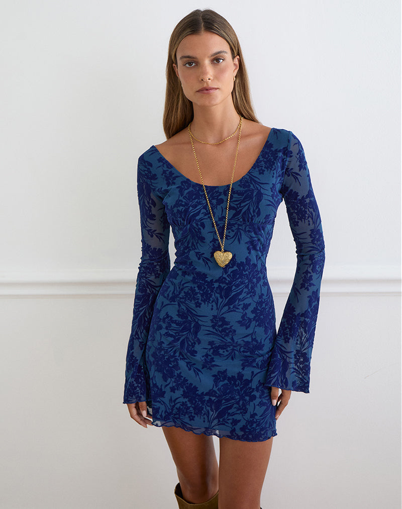 Image of Bindara Mini Dress in Navy with Midnight Leaf Flock