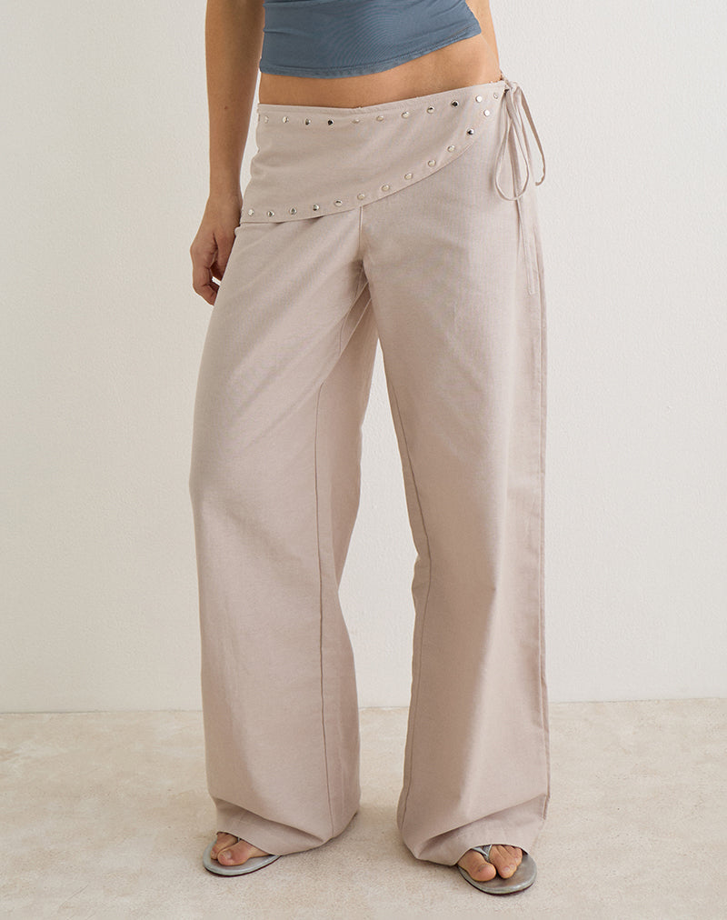 Doka Trouser in Stone Linen with Studs Trim