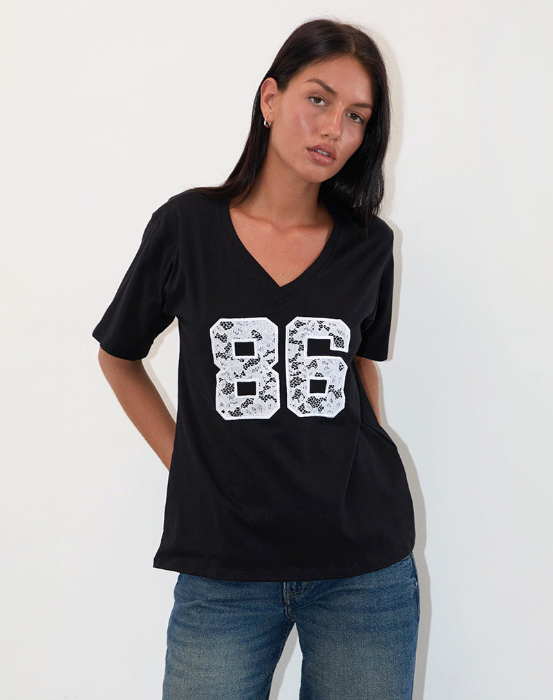 Blaine Oversized Tee in Black with 86 White Lace Embroidery