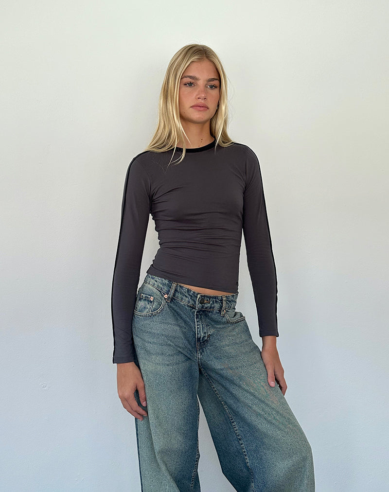 Image of Bonija Long Sleeve Top in Beluga with Black Piping and M Embroidery