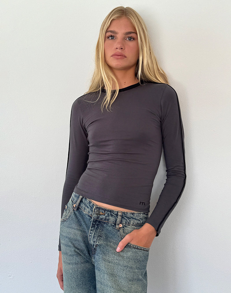 Image of Bonija Long Sleeve Top in Beluga with Black Piping and M Embroidery