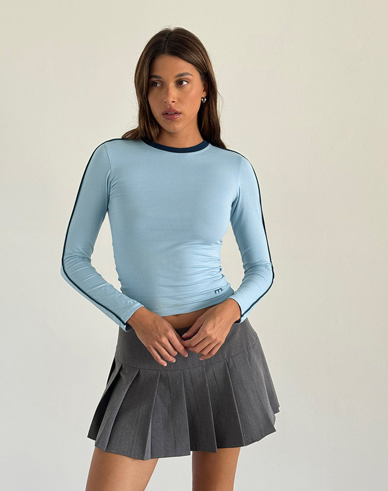 Bonija Long Sleeve Top in Nantucket Blue with Navy Piping and M Embroidery