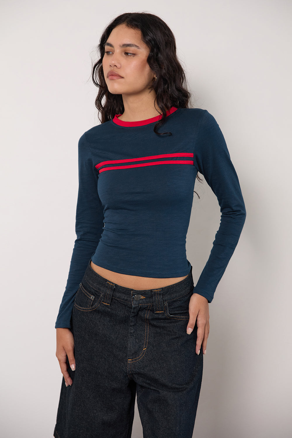 Image of Bonjita Top in Navy with Tango Red Binding