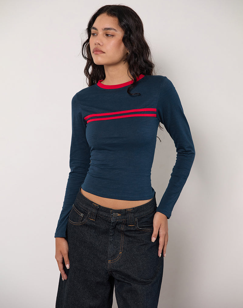 Bonjita Top in Navy with Tango Red Binding