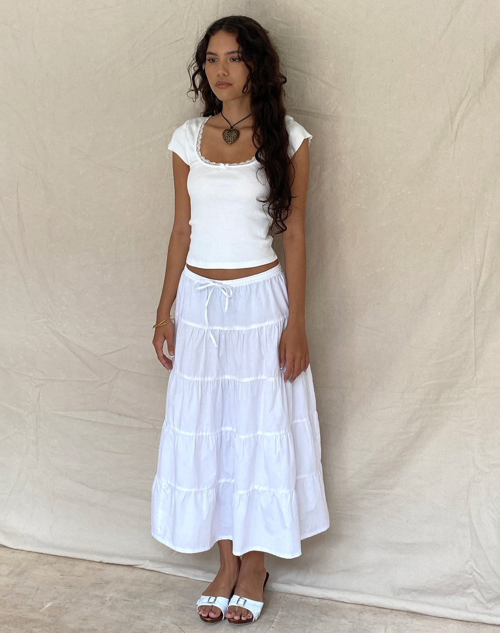 Bovillo Lace Trim Tee in Ribbed Off White