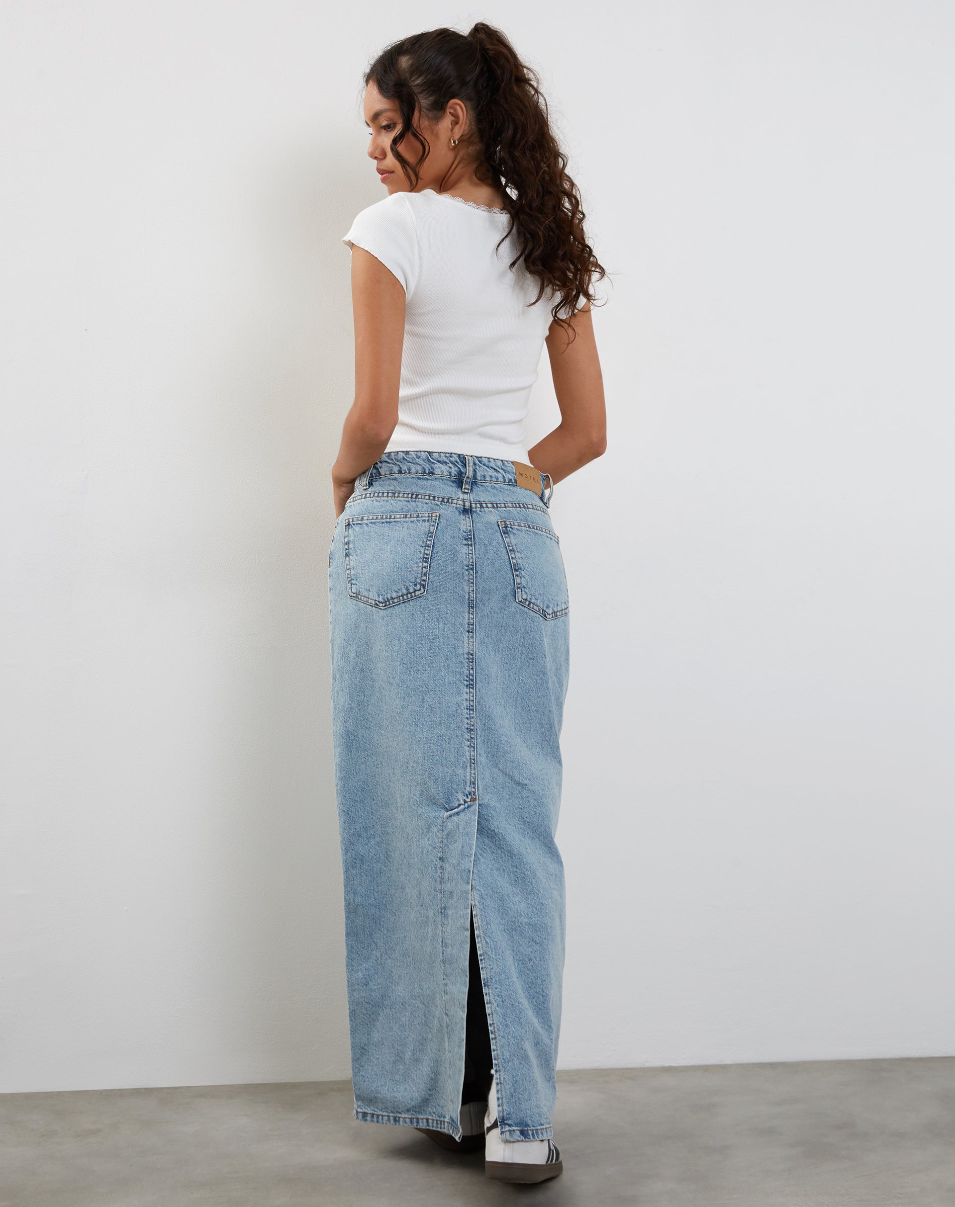 image of Low Rise Denim Maxi Skirt in Bleach Denim