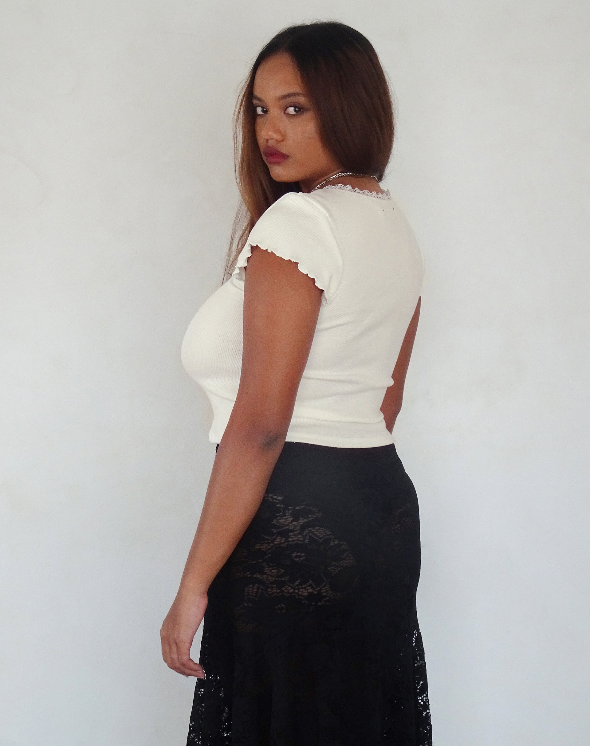 Image of Bovillo Cap Sleeve Top in White Rib with Teddy Motif