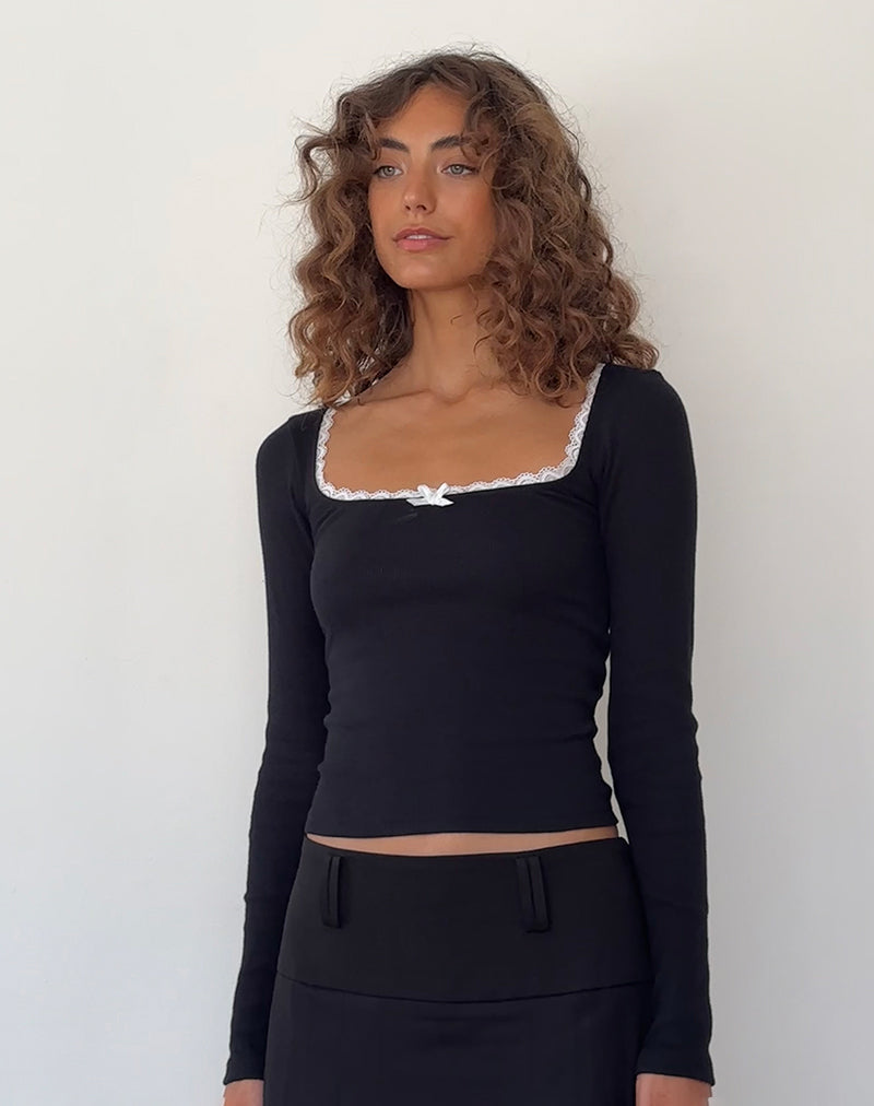 Bovita Long Sleeve Top in Black with Off White Trim