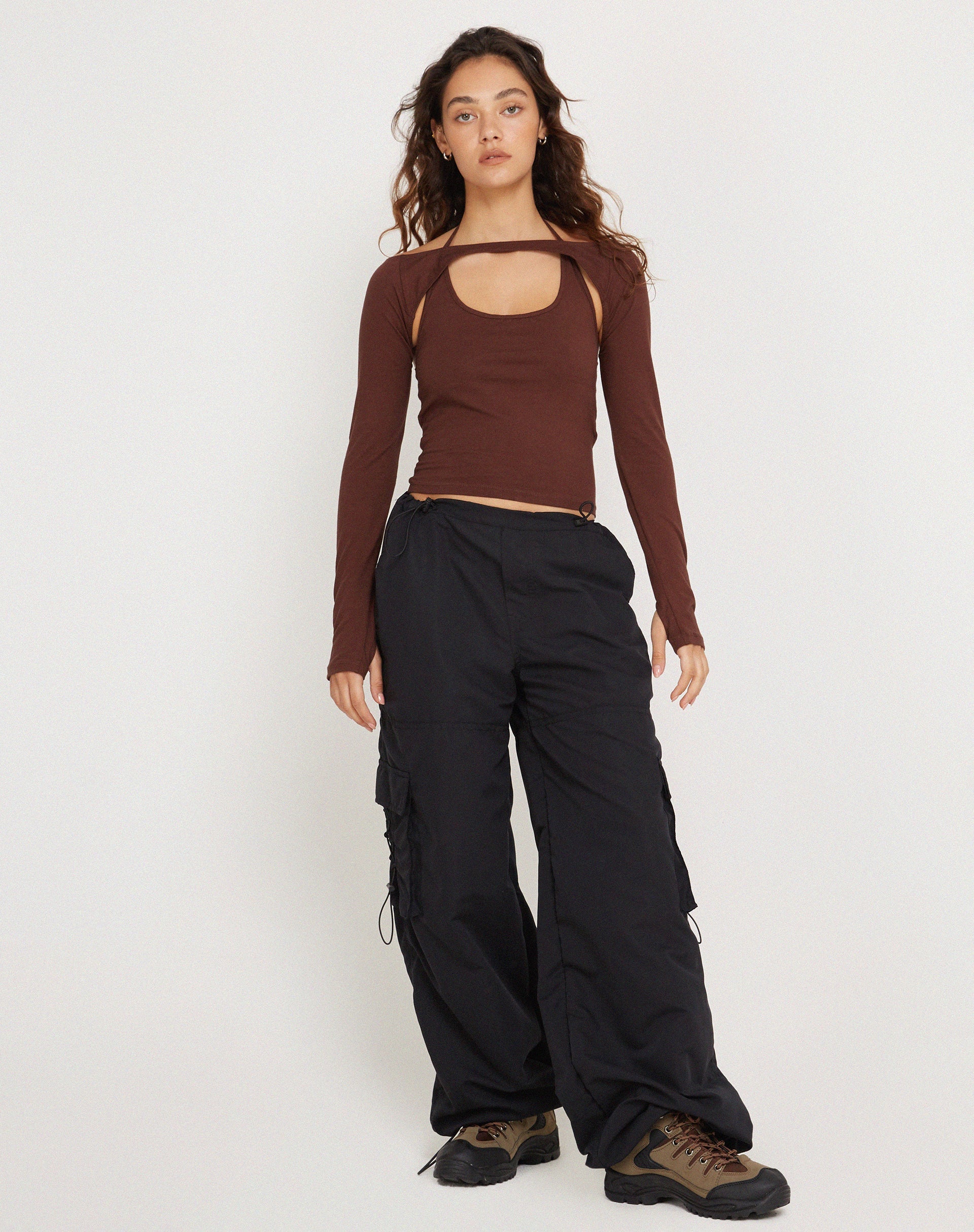 image of Braja Long Sleeve Halterneck Top in Seal Brown