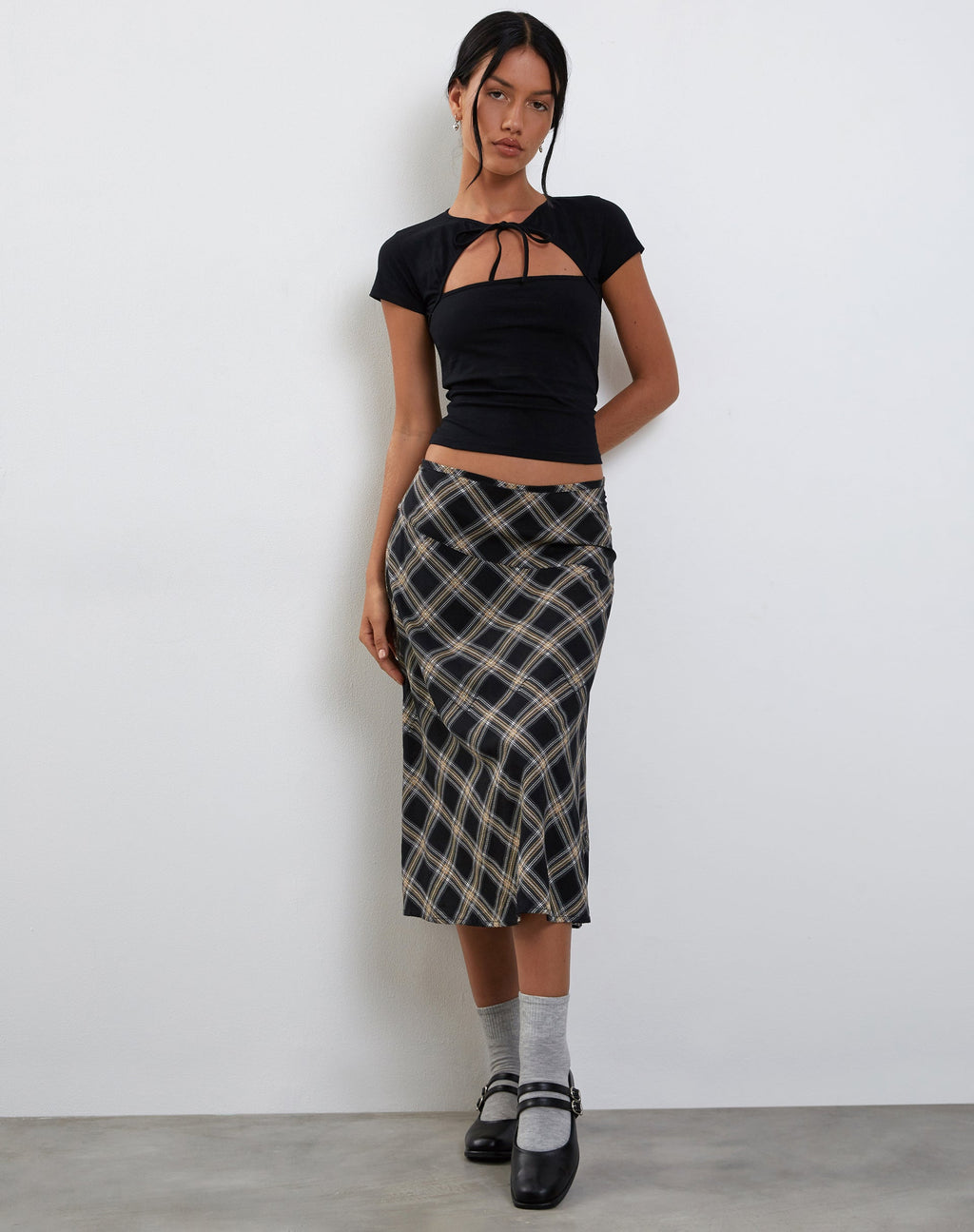 Brella Midi Skirt in Black and Grey Check