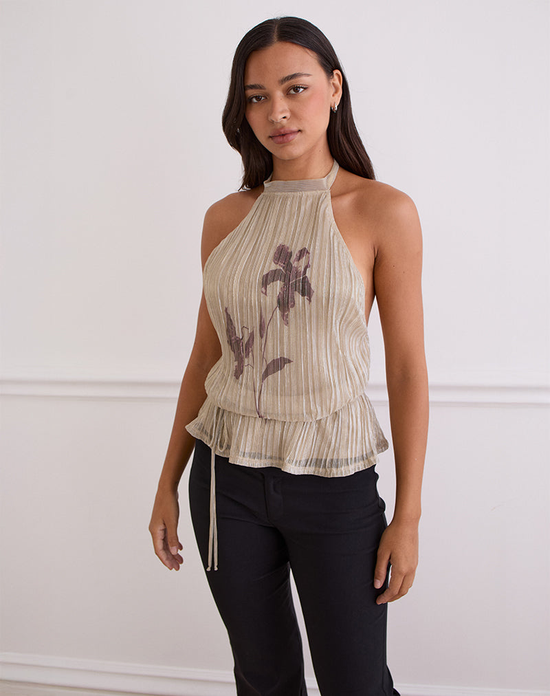 Image of Brienne Top in Light Gold Shimmer with Slim Flower Print