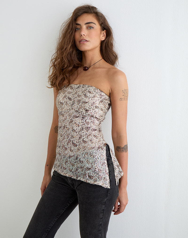 Brilia Bandeau Top in Paisley Sequin Gold