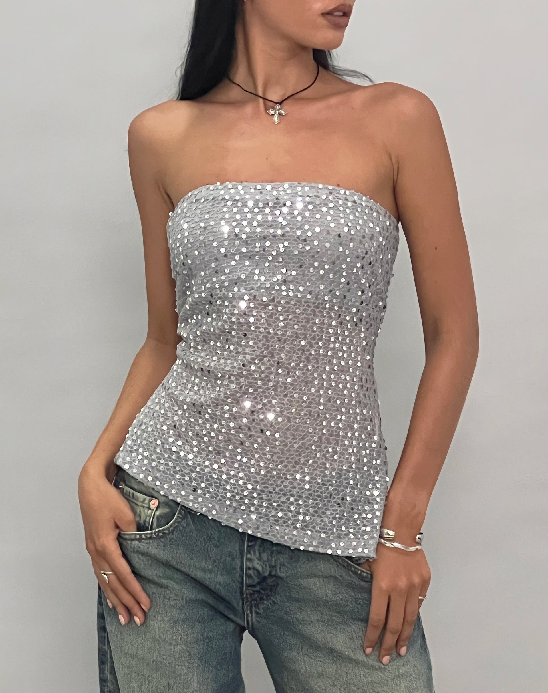 Image of Brilia Bandeau Top in Sequin Knit Silver