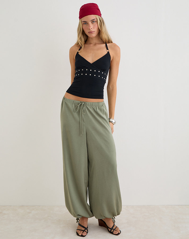 Brizid Balloon Trouser in Crinkle Satin Khaki