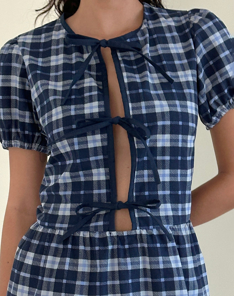 Image of Byan Tie Front Dress in Tartan Dark Blue