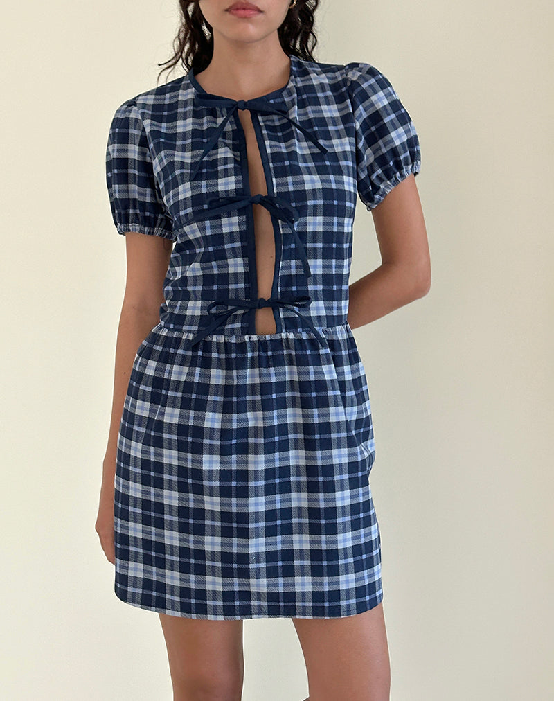 Image of Byan Tie Front Dress in Tartan Dark Blue