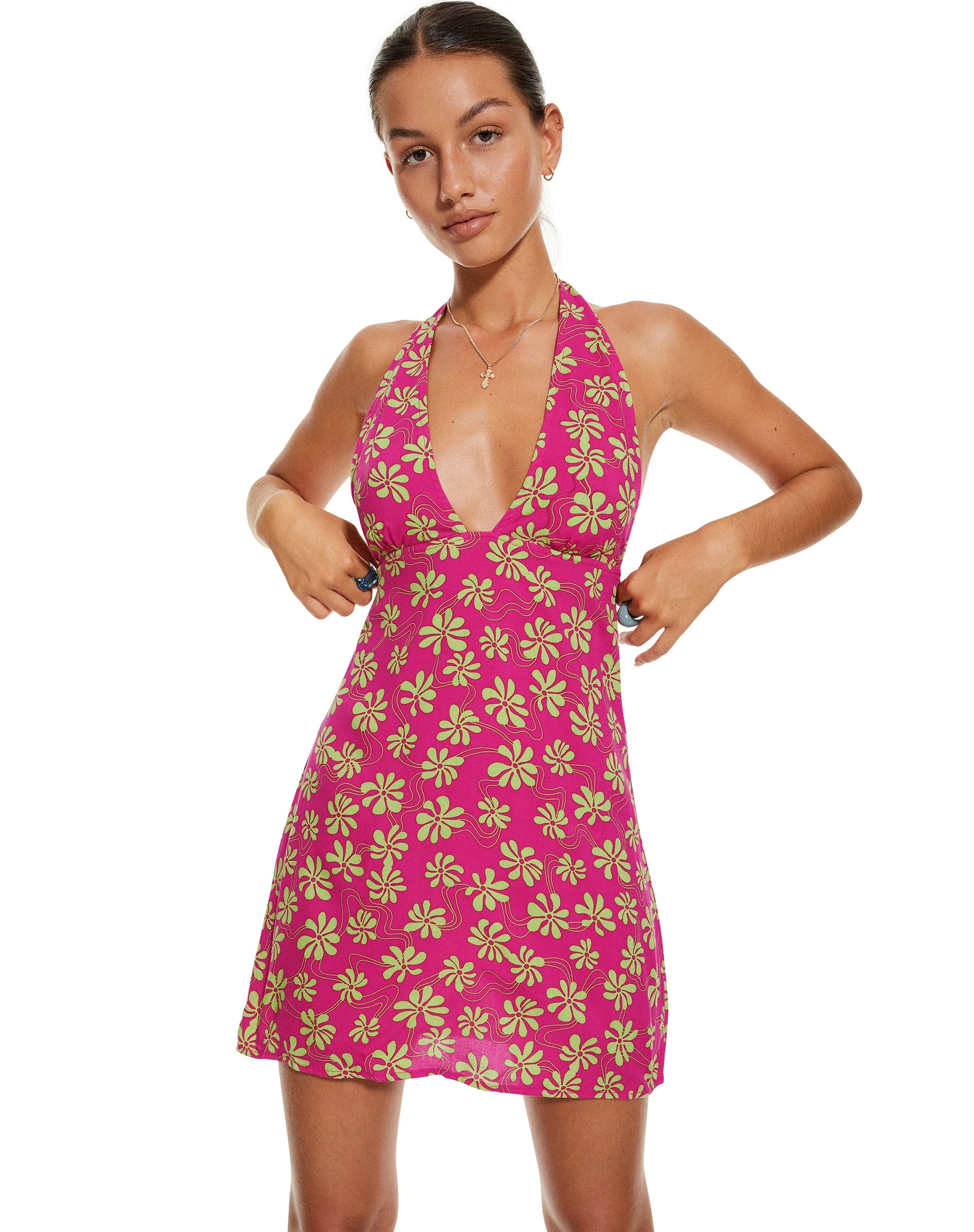 image of MOTEL X BARBARA Leana Mini Dress in 90s Beachy Floral Hot Pink