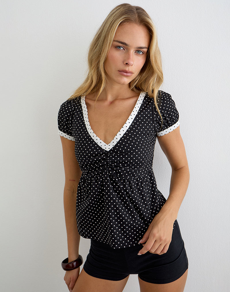 Image of Caixi Top in Black and White Combination with Micro Polka Print