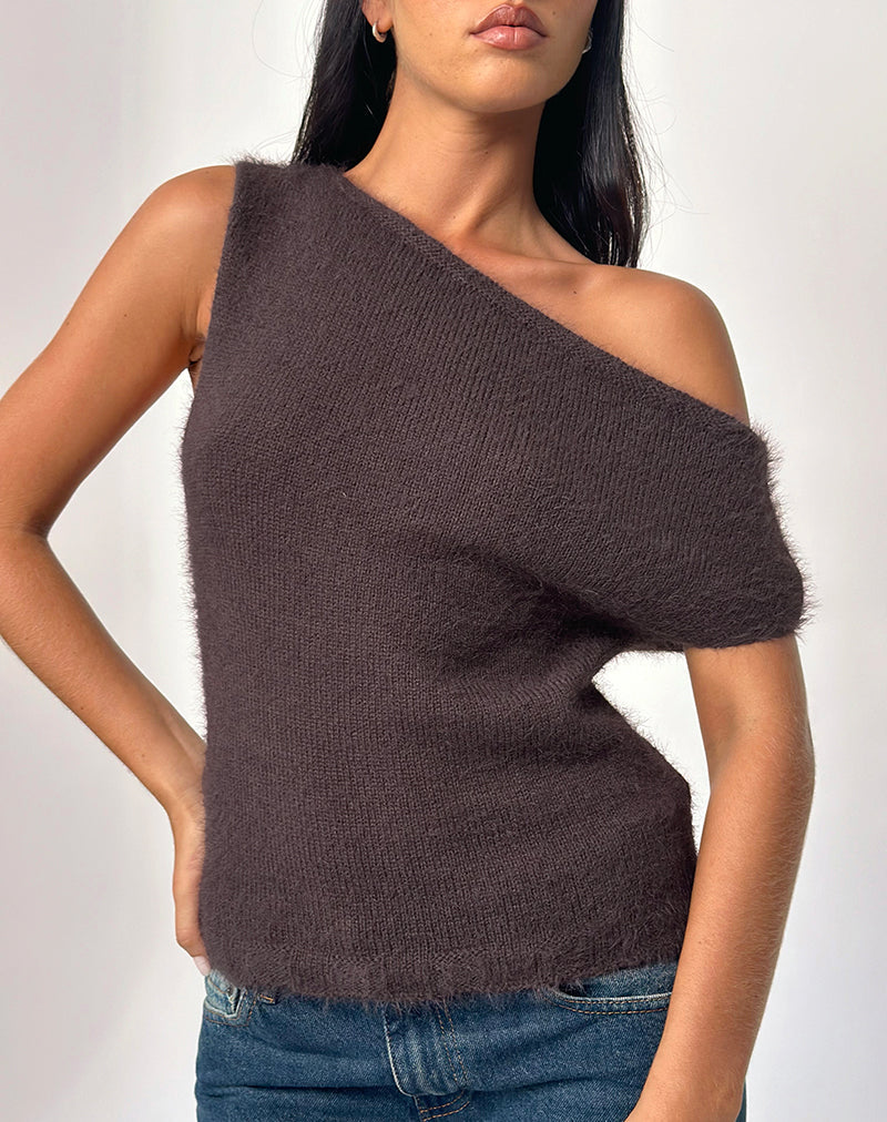 Calyce Off Shoulder Top in Fluffy Knit Dark Brown