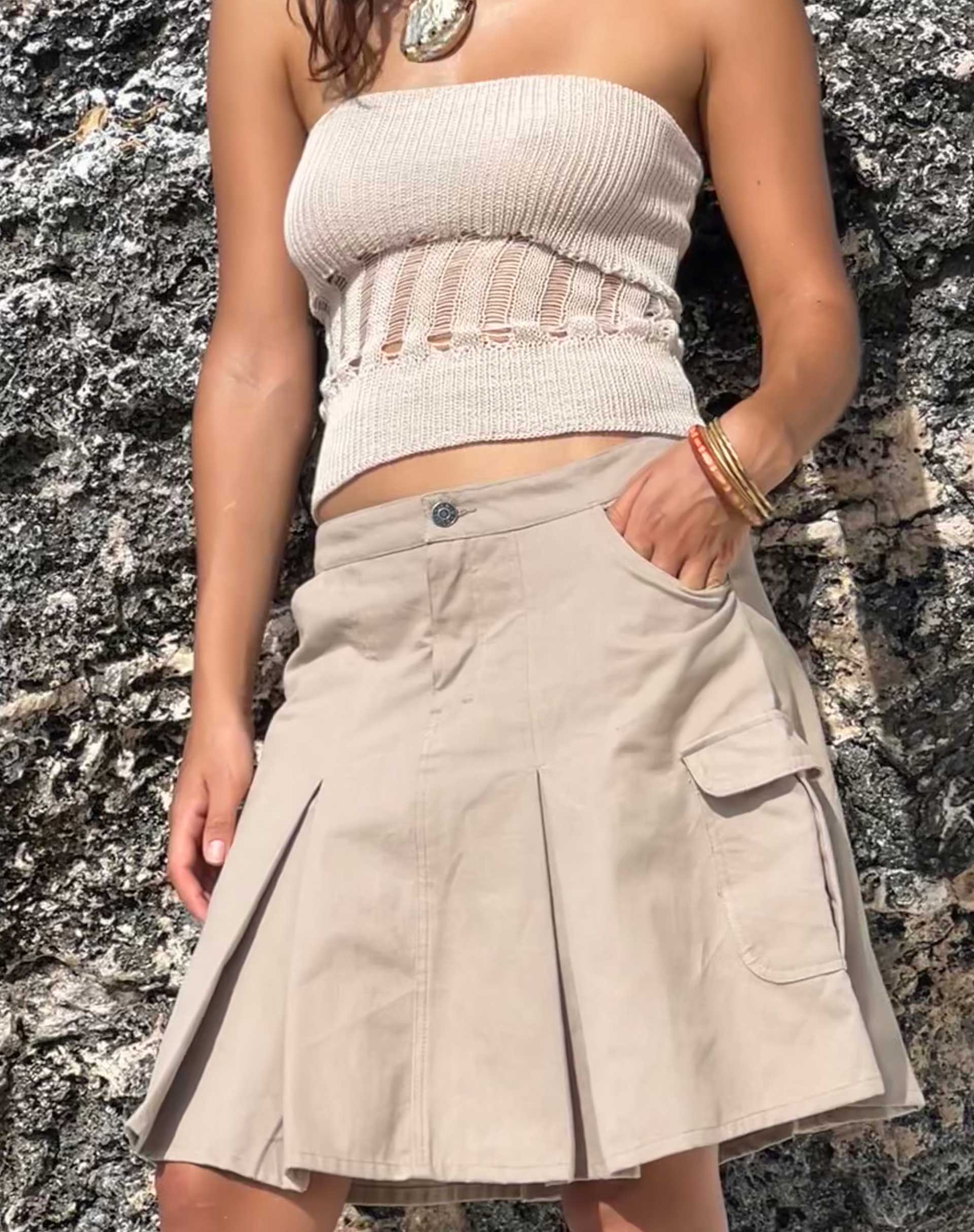 Image of Moirai Low Waist Pleated Cargo Mini Skirt in Stone