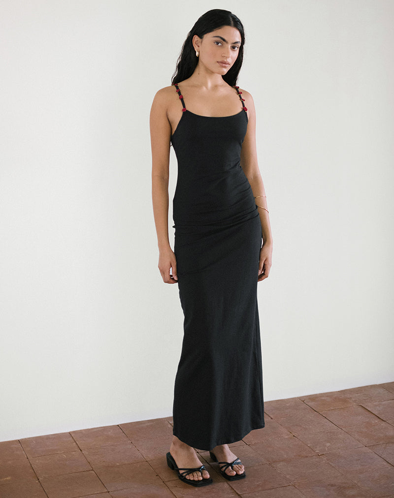 Cantana Maxi Dress in Black with Red Rosette