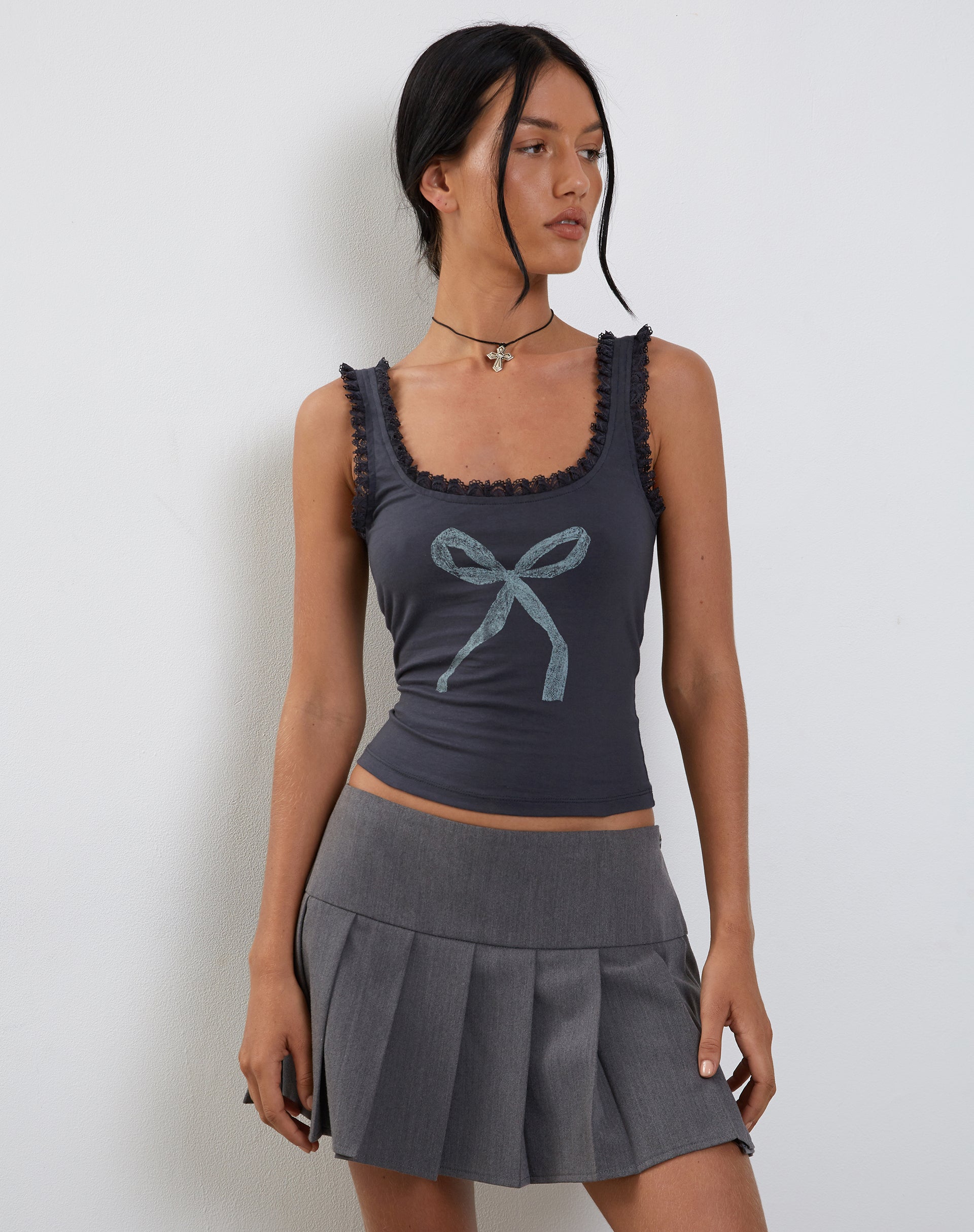 Image of Carillo Lace Trim Vest Top in Ocean Storm Bow Print