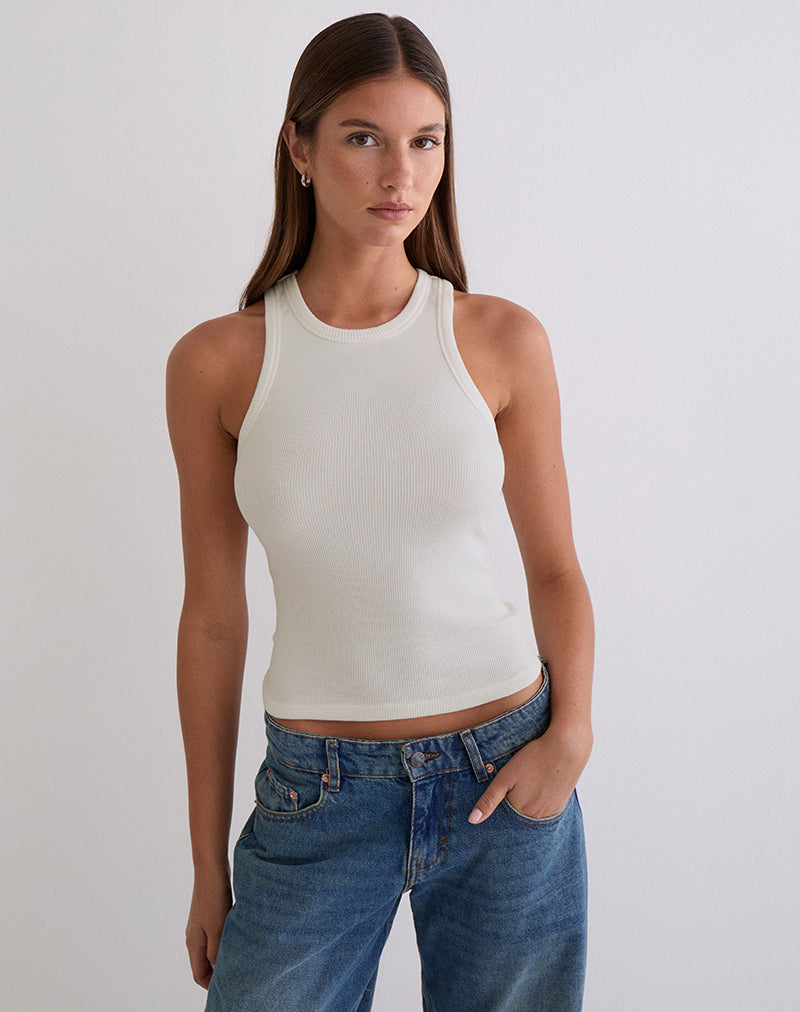 Cariter Racer Vest Top in Ribbed Off White