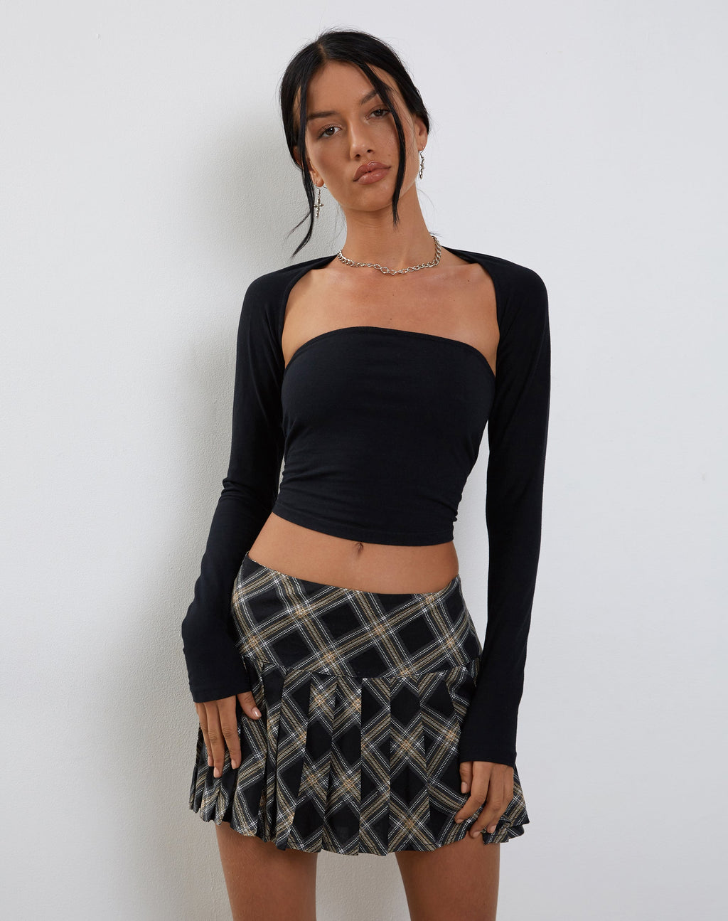 Casini Pleated Micro Skirt in Black and Grey Check