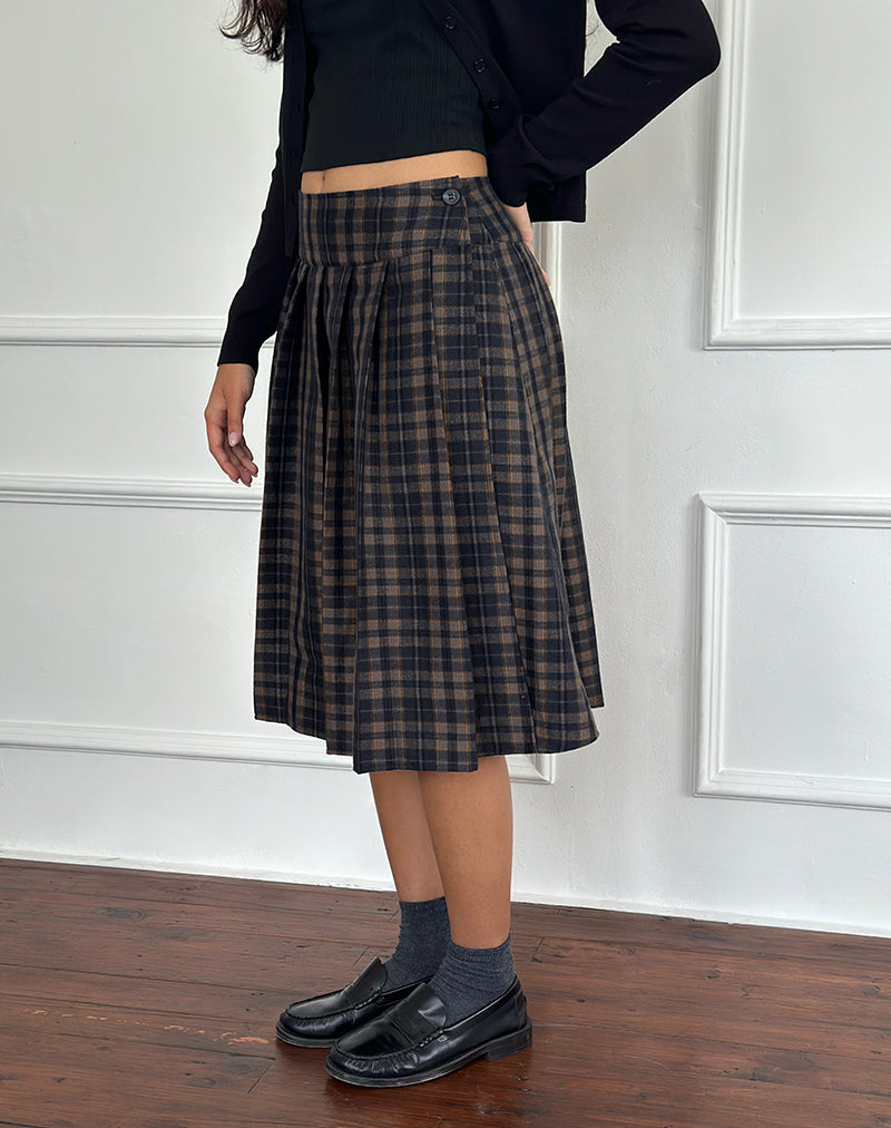 Image of Catelyn Pleated Midi Skirt in Navy Mustard Check