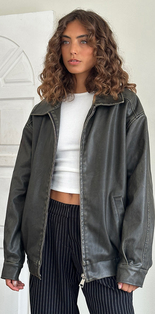 Image of Cavita Distressed Jacket in PU Olive