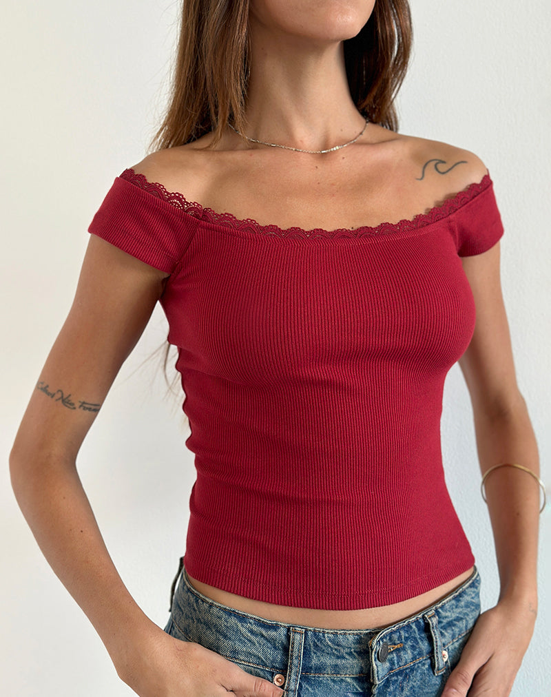 Chacha Ribbed Top in Adrenaline Red with Lace Trim