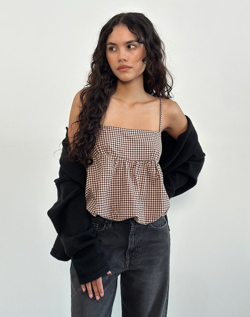 Image of Charlita Frill Cami Top in Mini Gingham Brown