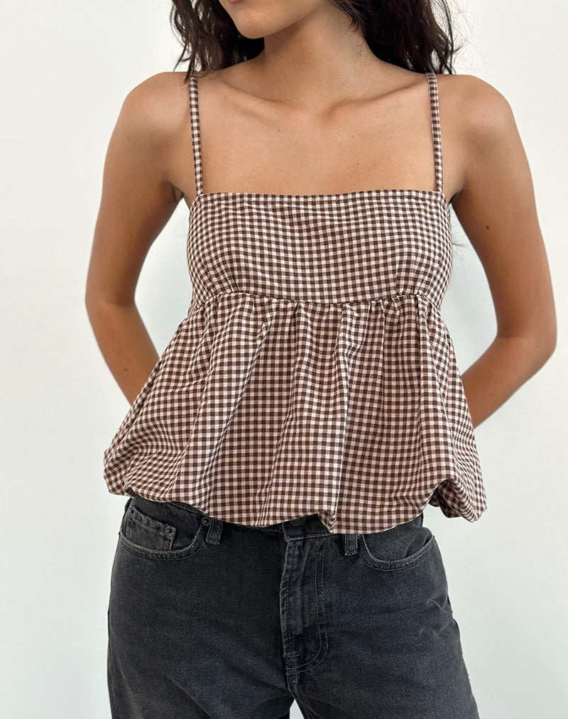 Image of Charlita Frill Cami Top in Mini Gingham Brown