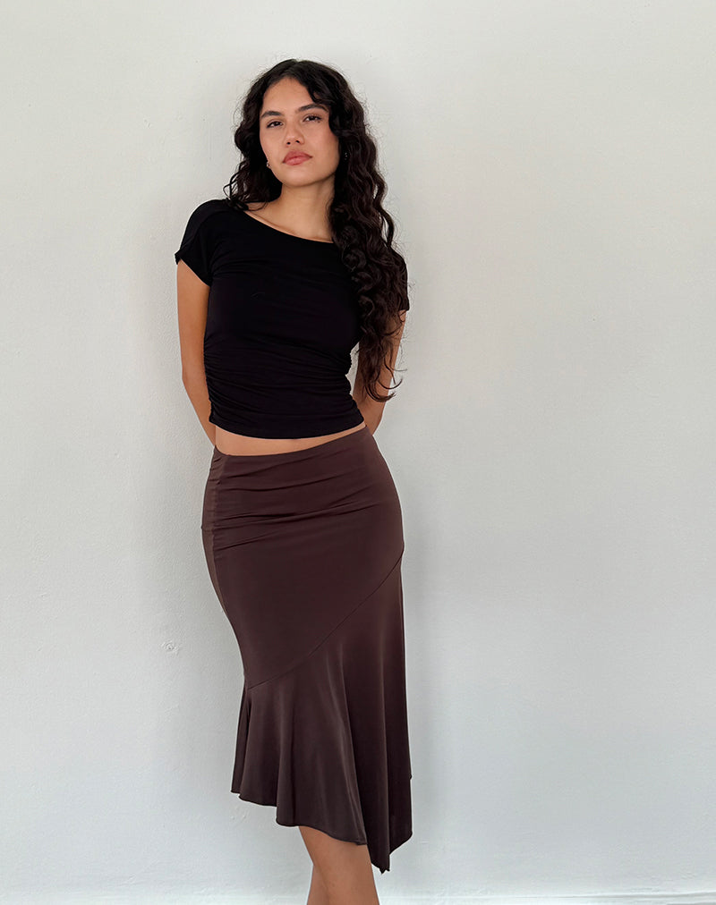 Image of Cinta Low Rise Midi Skirt in Chocolate