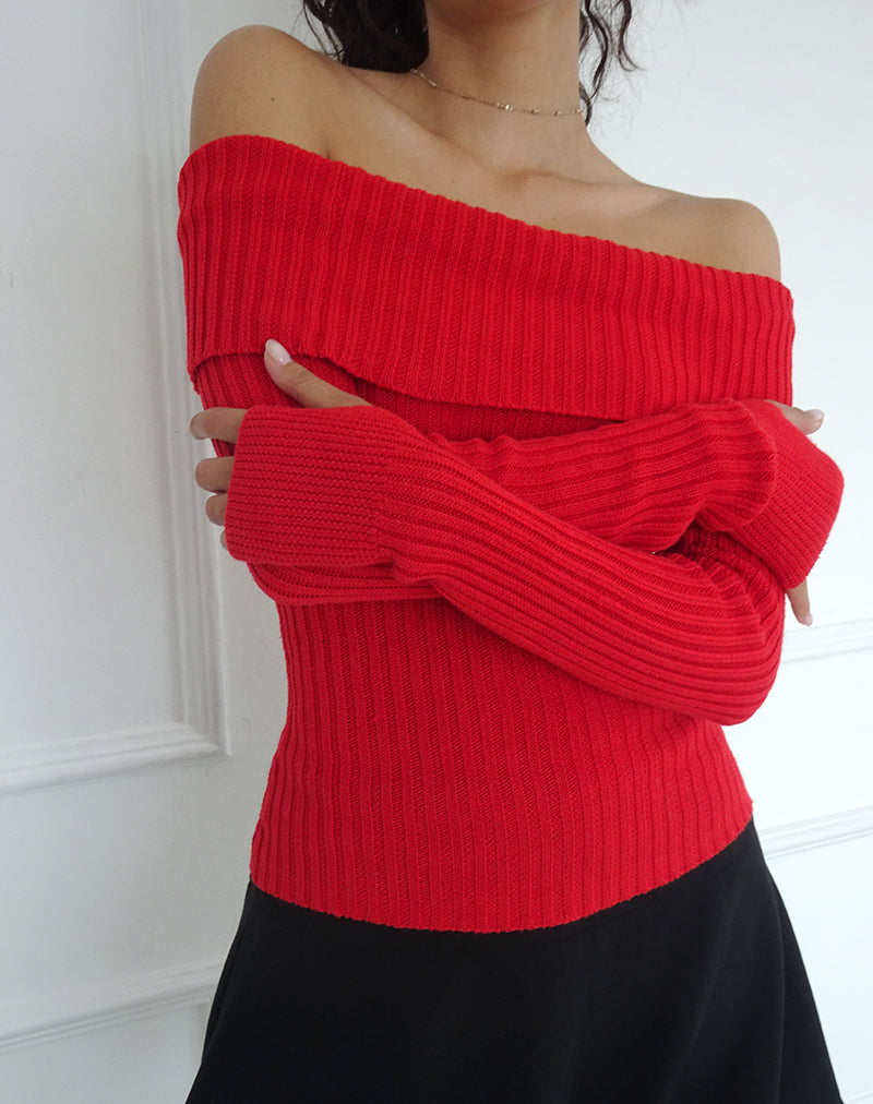 Circe Off-Shoulder Long Sleeve Knit To in Red