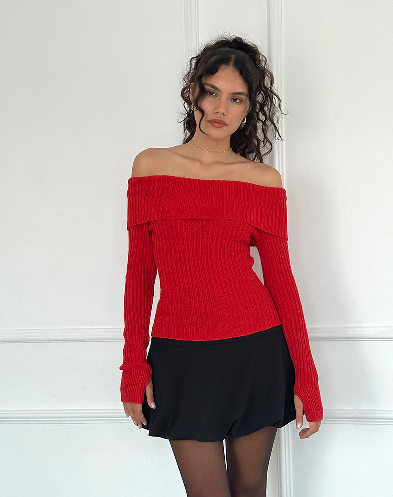 Image of Circe Off-Shoulder Long Sleeve Knit To in Red