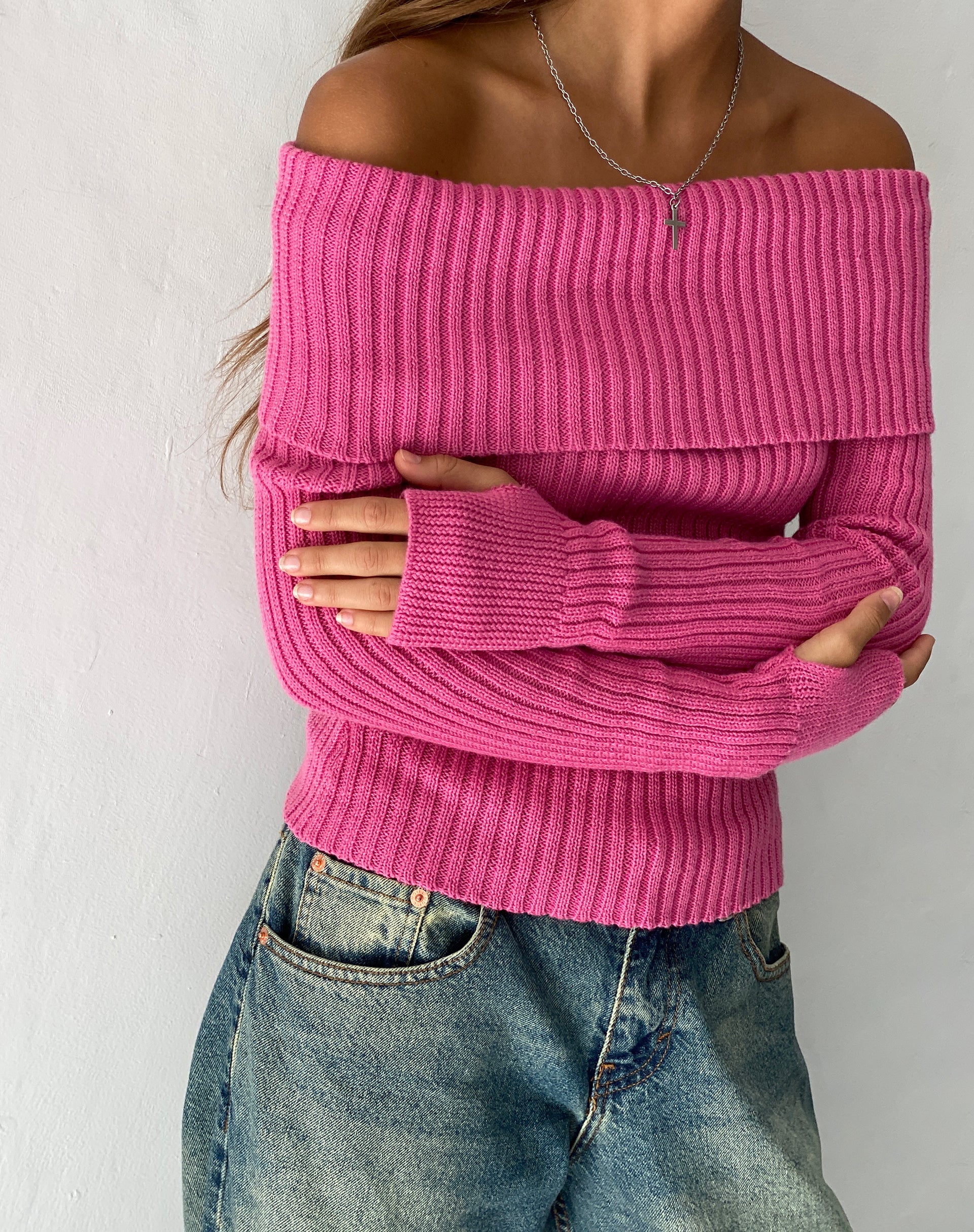 Image of Circe Off-Shoulder Long Sleeve Knit Top in Hot Pink