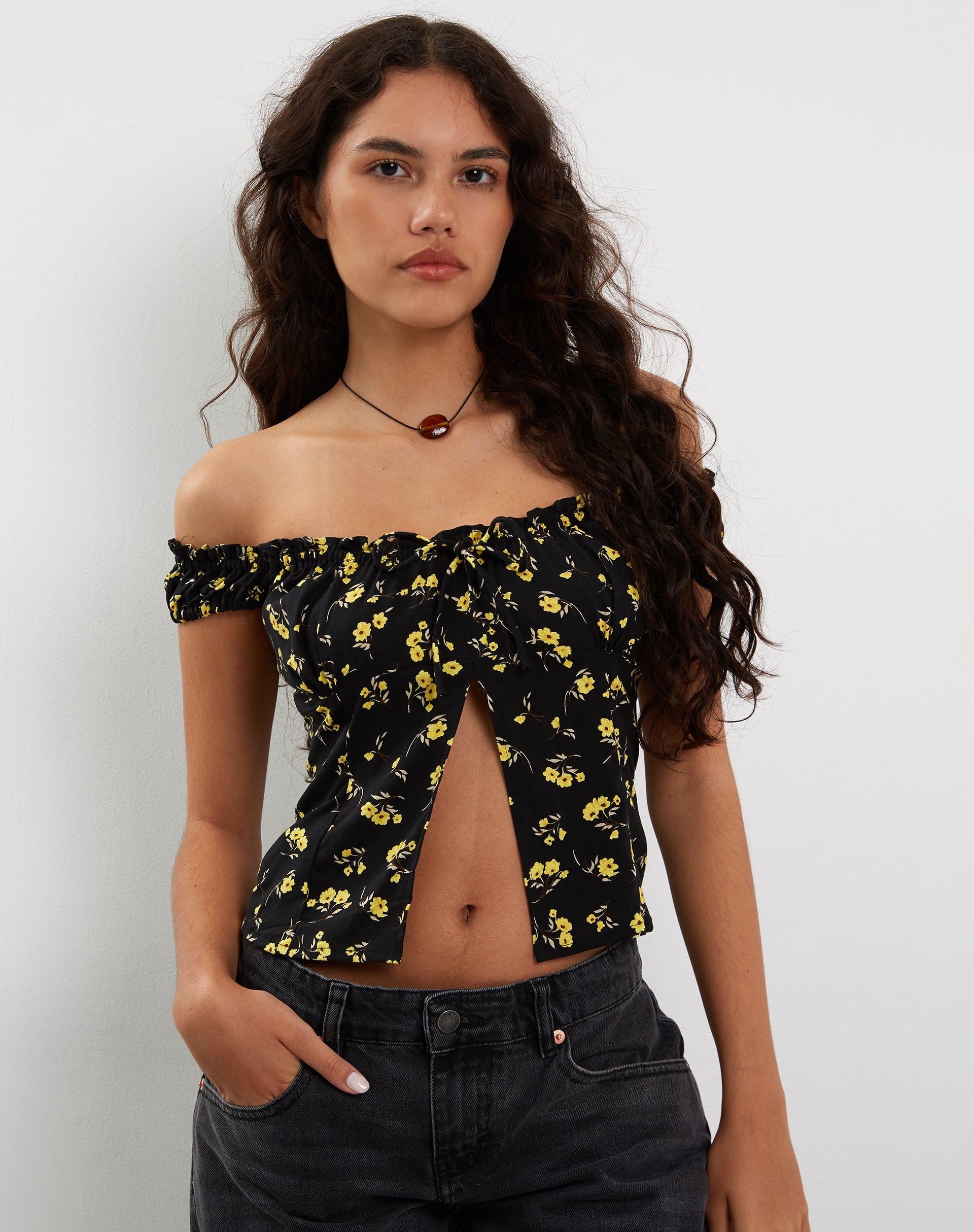 Yellow bardot 2024 top