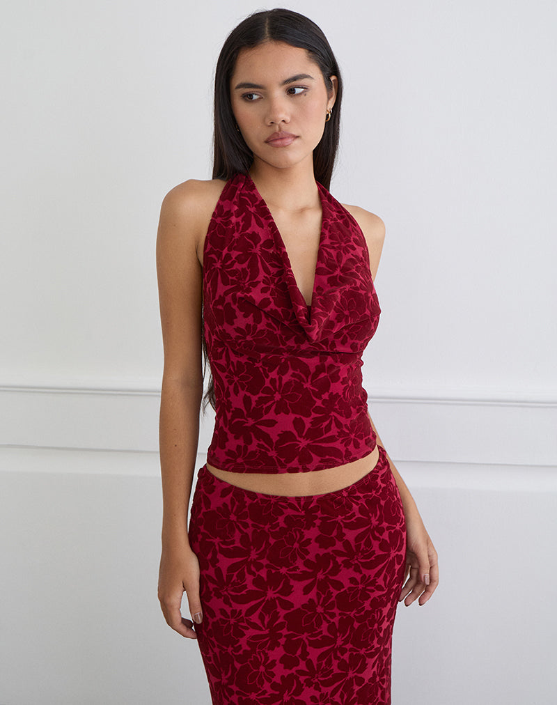 Image of Clandy Cowl Top in Flocked Mesh Flower Cherry