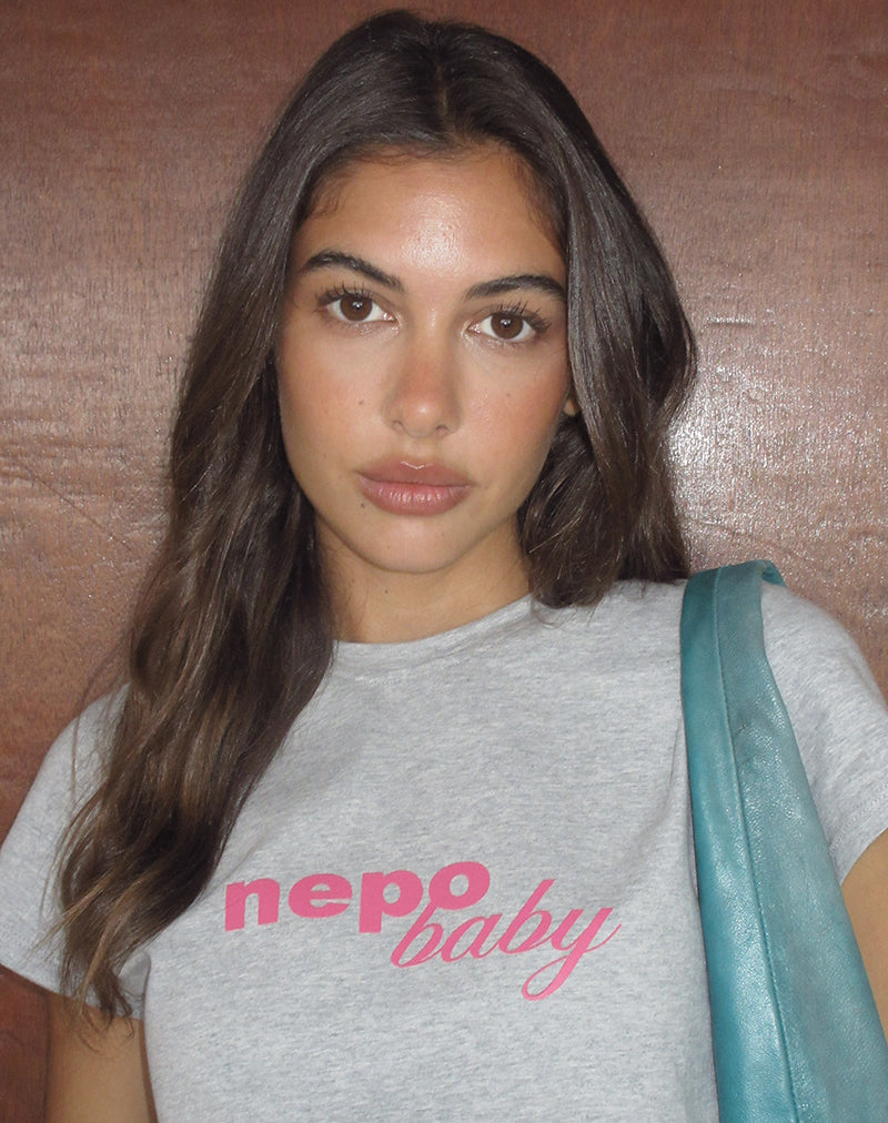 Image of Clio Baggy Tee in Grey Marl with 'Nepo Baby' Graphic