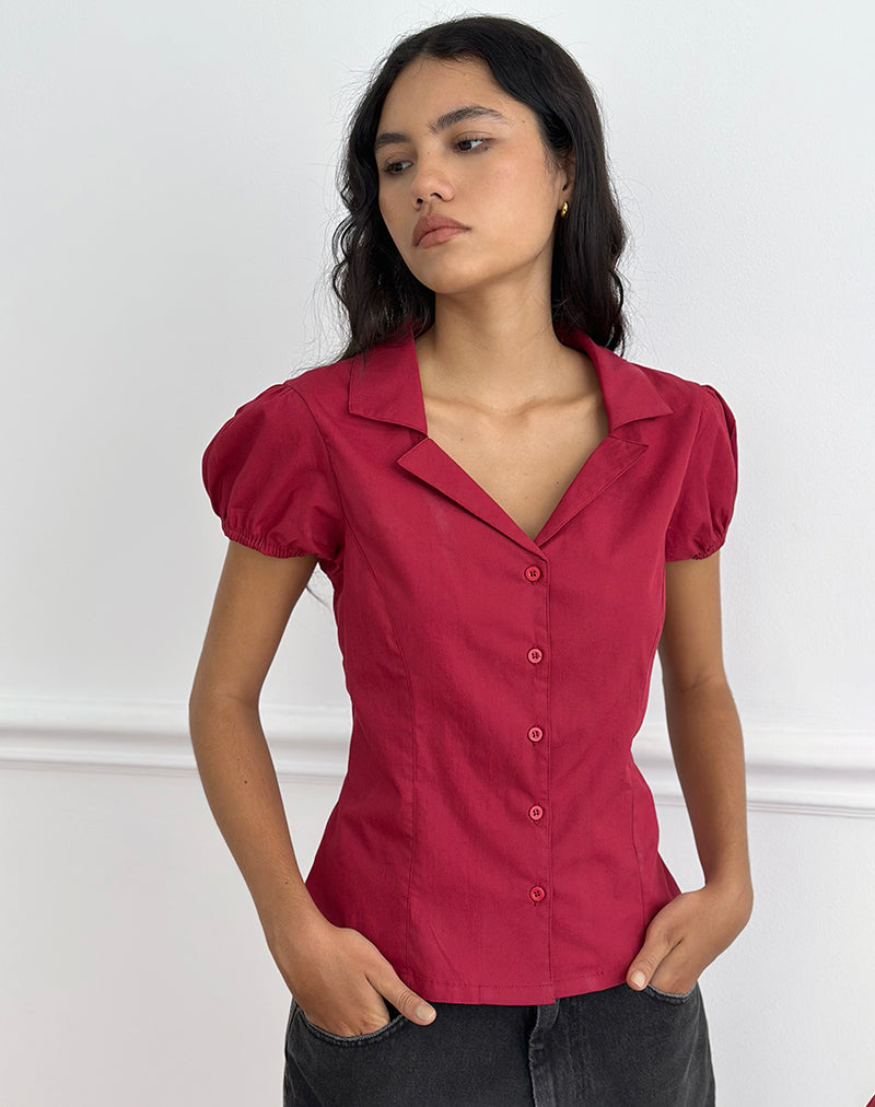 Cloma Fitted Blouse with Puff Sleeves in Adrenaline Red