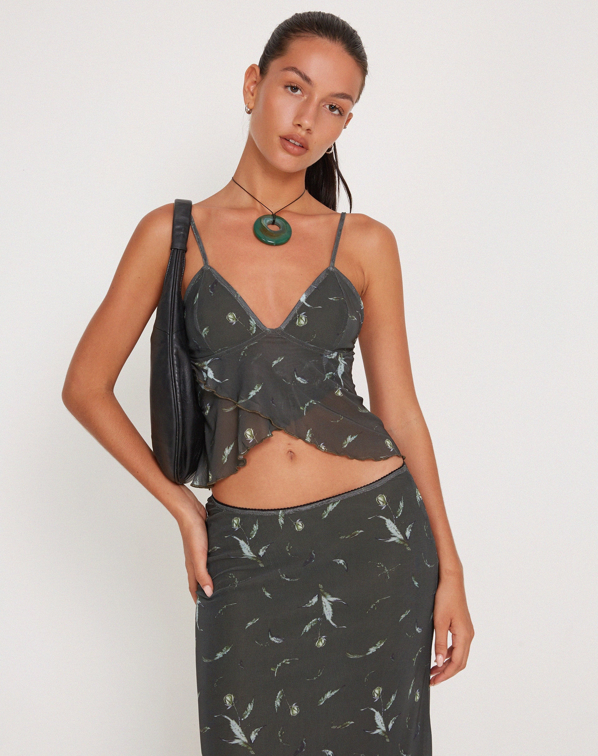 Image of Cojira Mesh Butterfly Top in Floral Khaki Silhouette