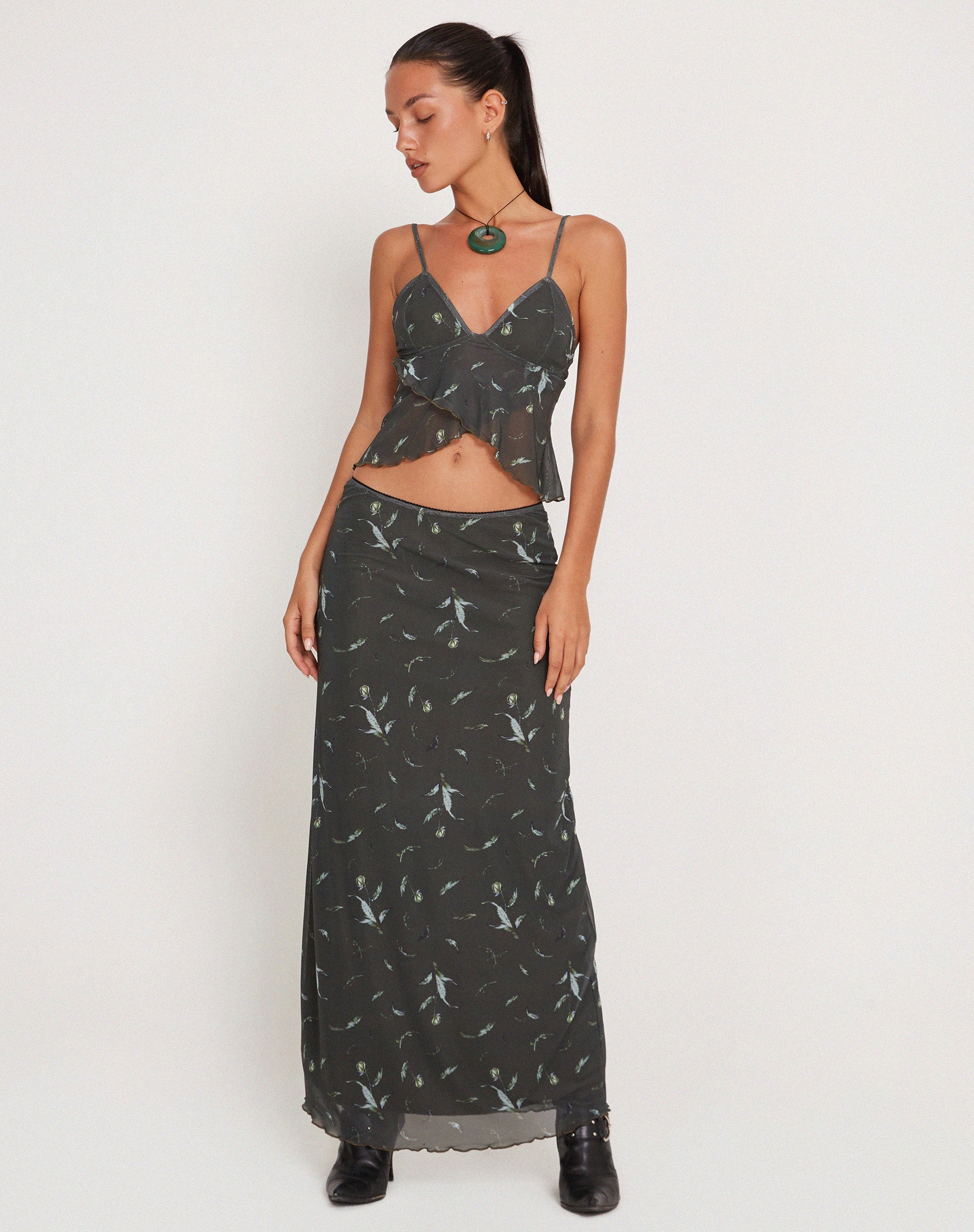 image of Trula Mesh Maxi Skirt in Floral Khaki Silhouette