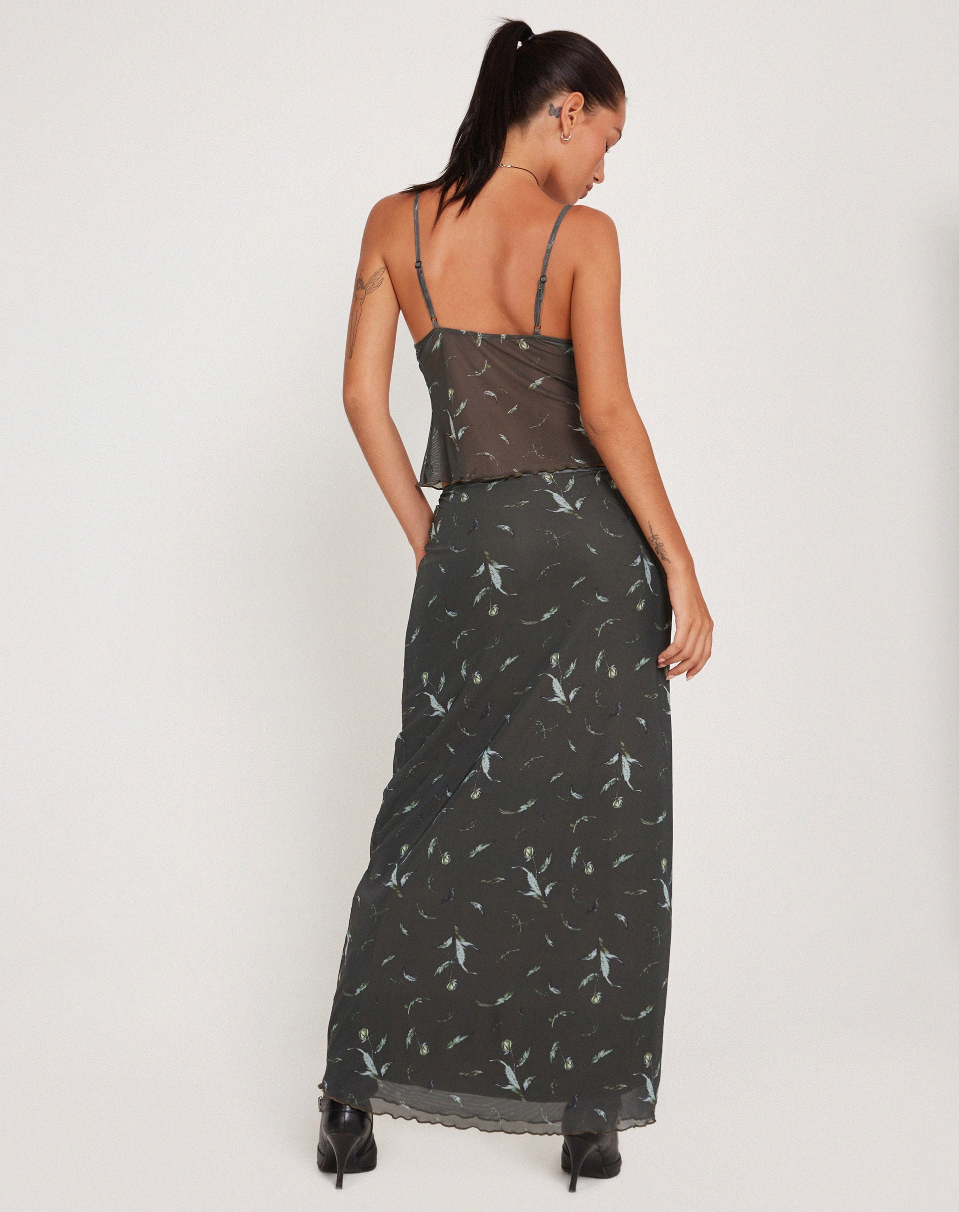 image of Trula Mesh Maxi Skirt in Floral Khaki Silhouette