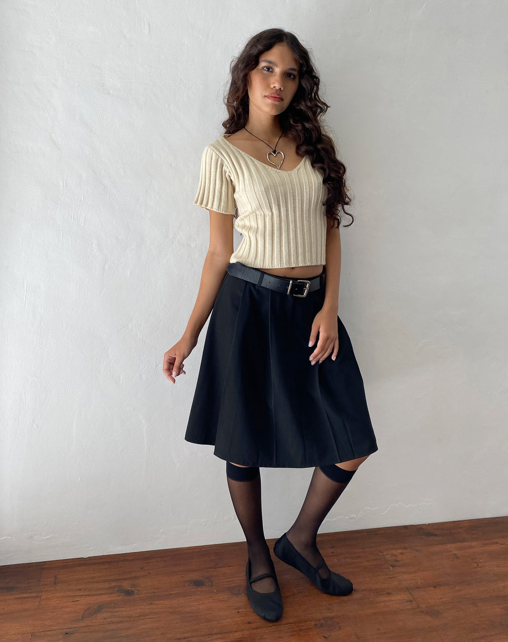 Colette Pleated Knee Length Skirt in Black Tailoring